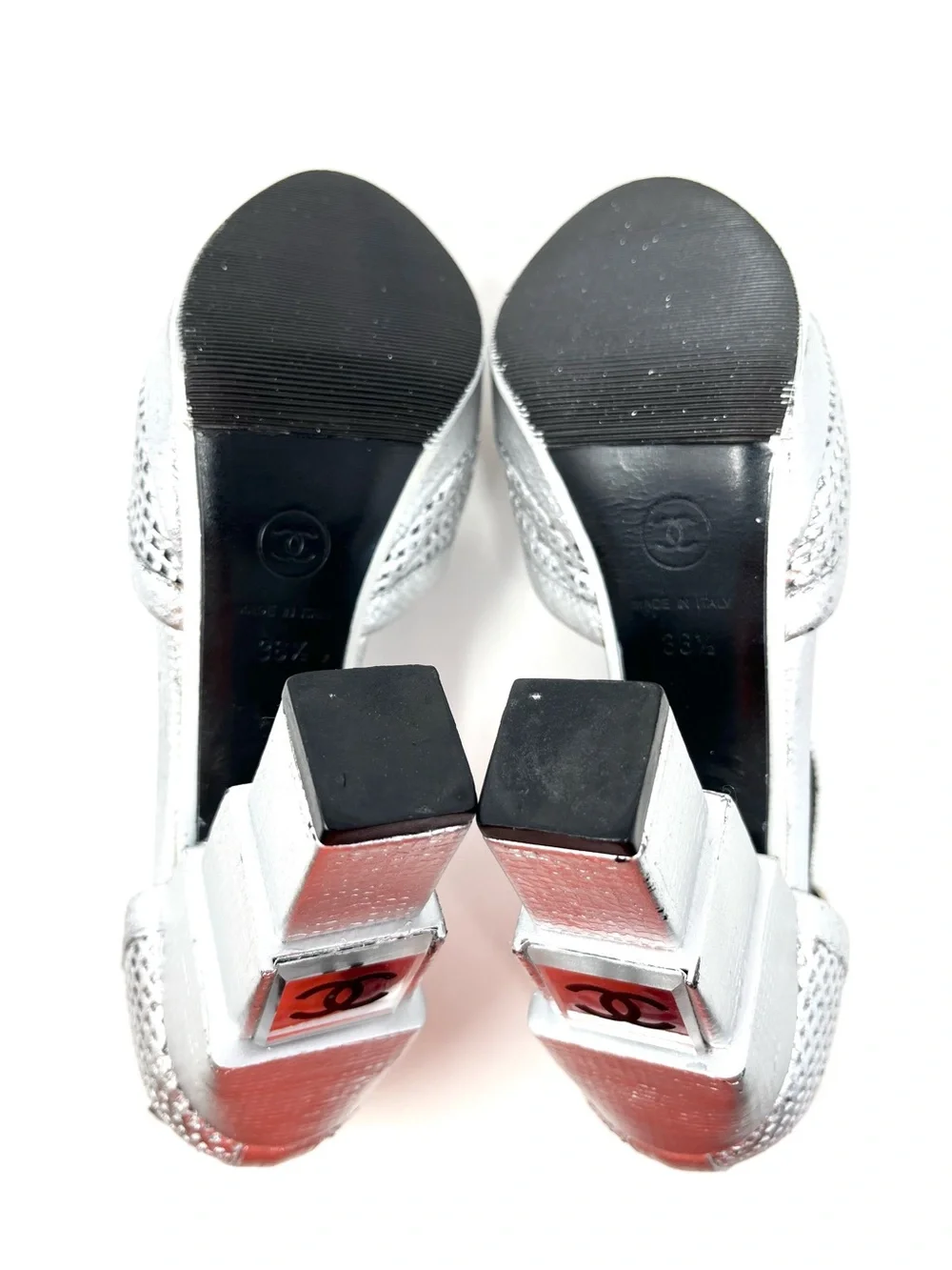 Vintage Chanel Silver Leather CC Logo Cap Toe Platform High Heels Pumps 36.5